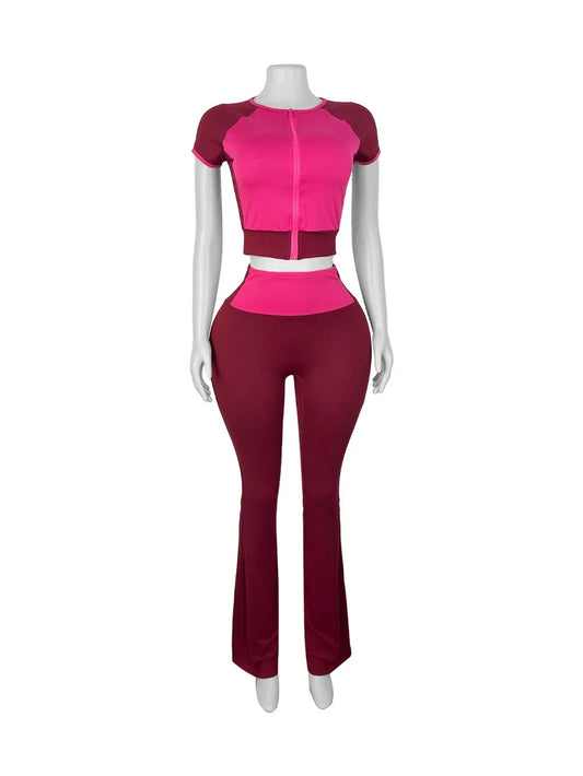 UNIKCOSA’s Color Block Streetwear Set — Short-Sleeve Zip Crop Top + High-Waist Pants