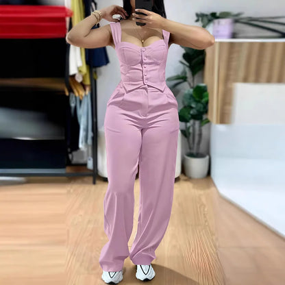 UNIKCOSA™ Elegant Y2K 2-Piece Pant Set – Sexy Sling Crop Top & Wide-Leg High-Waist Pants | Women’s Streetwear Matching Outfit