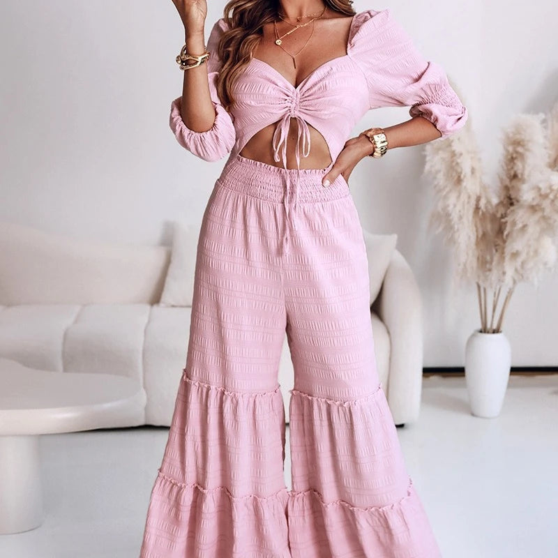UNIKCOSA™ Summer Solid Jumpsuit – Women’s Square Neck Long-Sleeve One-Piece | High-Waist Shirred Drawstring Romper's Jumpsuits High Waist Solid One Piece Pants Summer Female Fashion Square Neck Long Sleeve Drawstring Shirred Long Rompers
