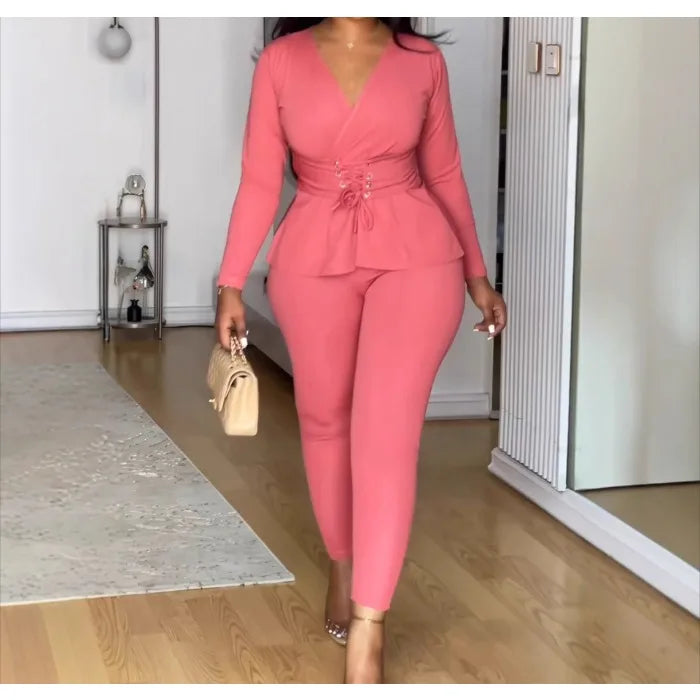 UNIKCOSA™ 2025 Fall Elegant 2-Piece Pant Set – V-Neck Slim-Fit Top & High-Waist Long Pants | Women’s Solid Casual Work Suit