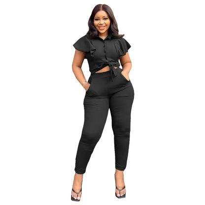 UNIKCOSA™ Y2K Streetwear 2-Piece Pant Set – Short Sleeve Top Coat & High-Waist Long Pants | Women’s Sportswear Matching Outfit