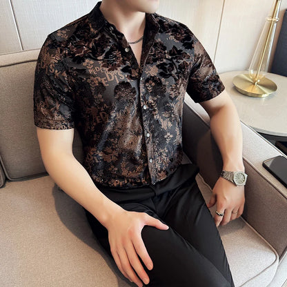 UNIKCOSA Men’s Chinese-Style Jacquard Shirt – High Quality Short Sleeve Summer Social Tuxedo Dress Shirt (M–4XL)