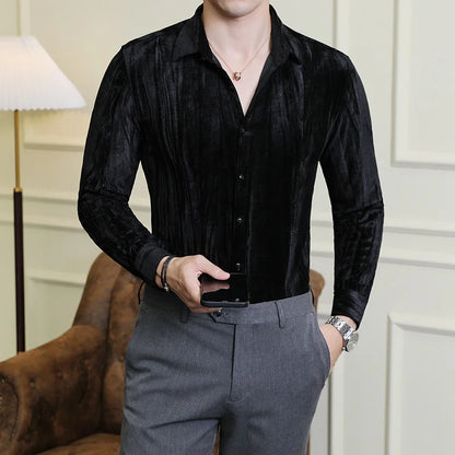 UNIKCOSA Men’s Luxury Velvet Grid Shirt – Slim Fit Long Sleeve Autumn/Winter 2025