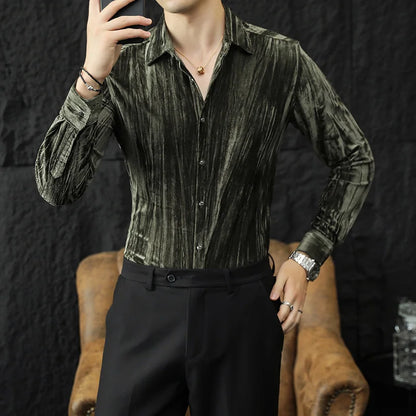 UNIKCOSA Men’s Luxury Velvet Grid Shirt – Slim Fit Long Sleeve Autumn/Winter 2025