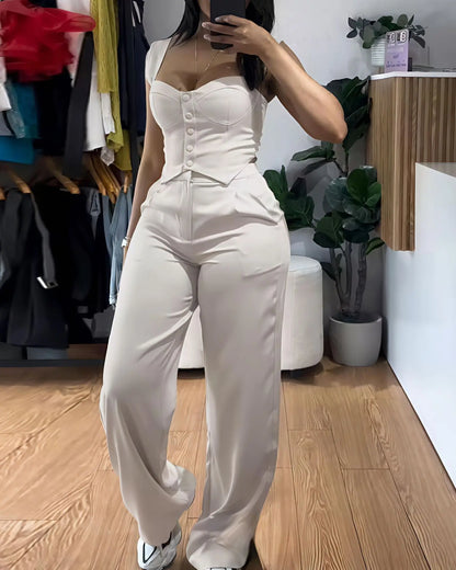 UNIKCOSA™ Elegant Y2K 2-Piece Pant Set – Sexy Sling Crop Top & Wide-Leg High-Waist Pants | Women’s Streetwear Matching Outfit