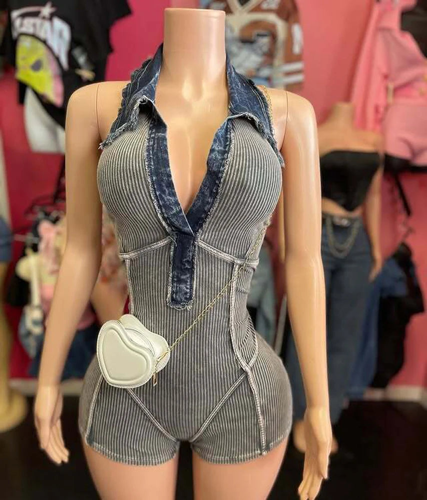UNIKCOSA’s 2025 Patchwork Knit Jumpsuit — Ribbed Halter V-Neck One-Piece Streetwear Chic