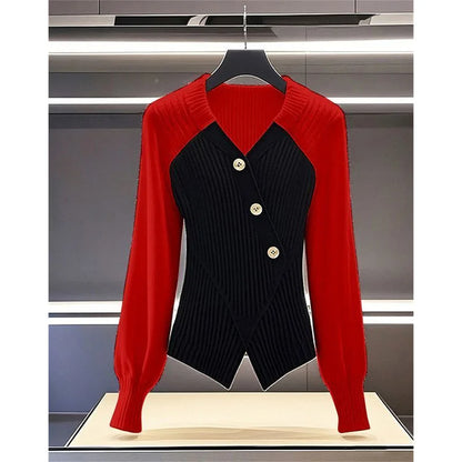 UNIKCOSA’s 2025 Color Block Knit Sweater — Slim Long-Sleeve Pullover Top