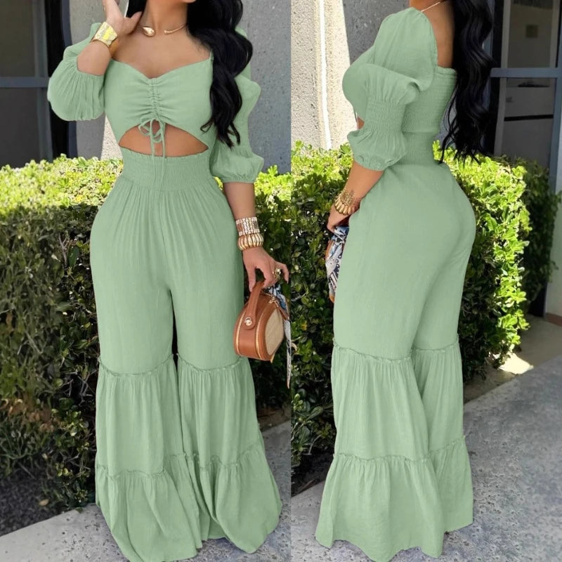 UNIKCOSA’s Elegant High-Waist Jumpsuit — Square Neck, Long Sleeve, Drawstring Shirred One-Piece