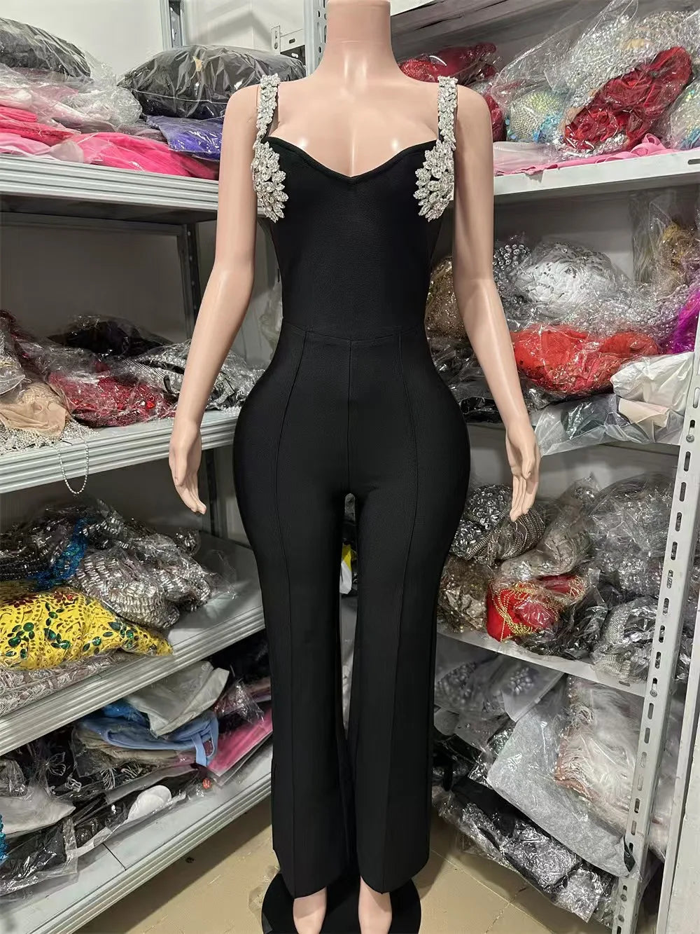 UNIKCOSA’s Strappy Rhinestone Jumpsuit — Red & Black One-Piece Bandage Elegance