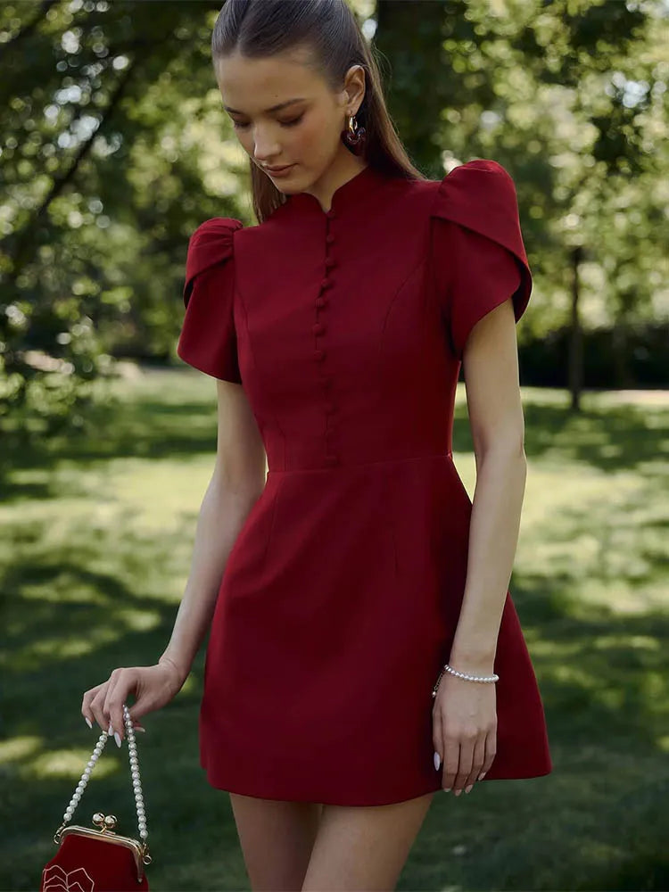 UNIKCOSA’s Patchwork Pleated A-Line Dress — Elegant Office & Commuter Short Sleeve Mini