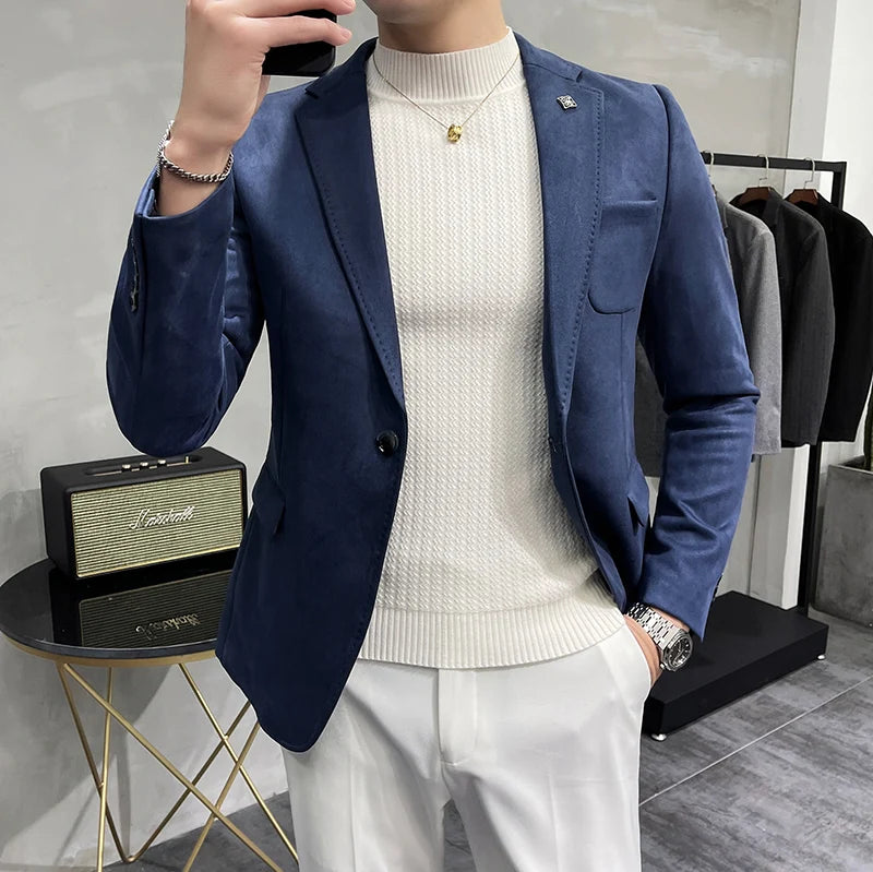 UNIKCOSA Men’s Suede Blazer – Slim Fit One-Button Plain Color Suit Jacket (6 Colors)