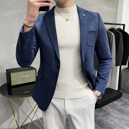 UNIKCOSA Men’s Suede Blazer – Slim Fit One-Button Plain Color Suit Jacket (6 Colors)