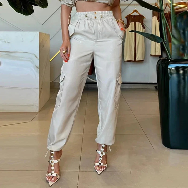 UNIKCOSA™ One-Shoulder Cargo 2-Piece Set – Puff Sleeve Crop Top & High-Waist Cargo Pants | Slim Fit Women’s Matching Outfit
