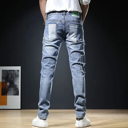 UNIKCOSA Men’s Embroidered Patchwork Jeans – Slim Fit Elastic Hip-Hop Denim Trousers (Autumn New Arrival)