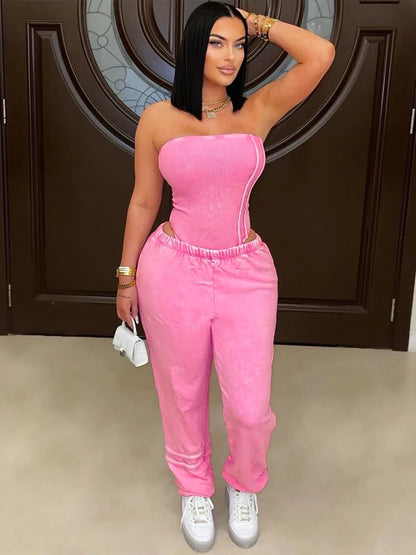UNIKCOSA’s 2025 Strapless Tracksuit Set — Cotton Washed Bodysuit + Jogger Pants