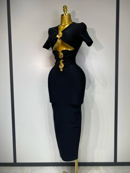 UNIKCOSA’s 2025 Black Cut-Out Gown — Short Sleeve Bodycon Bandage Long Dress