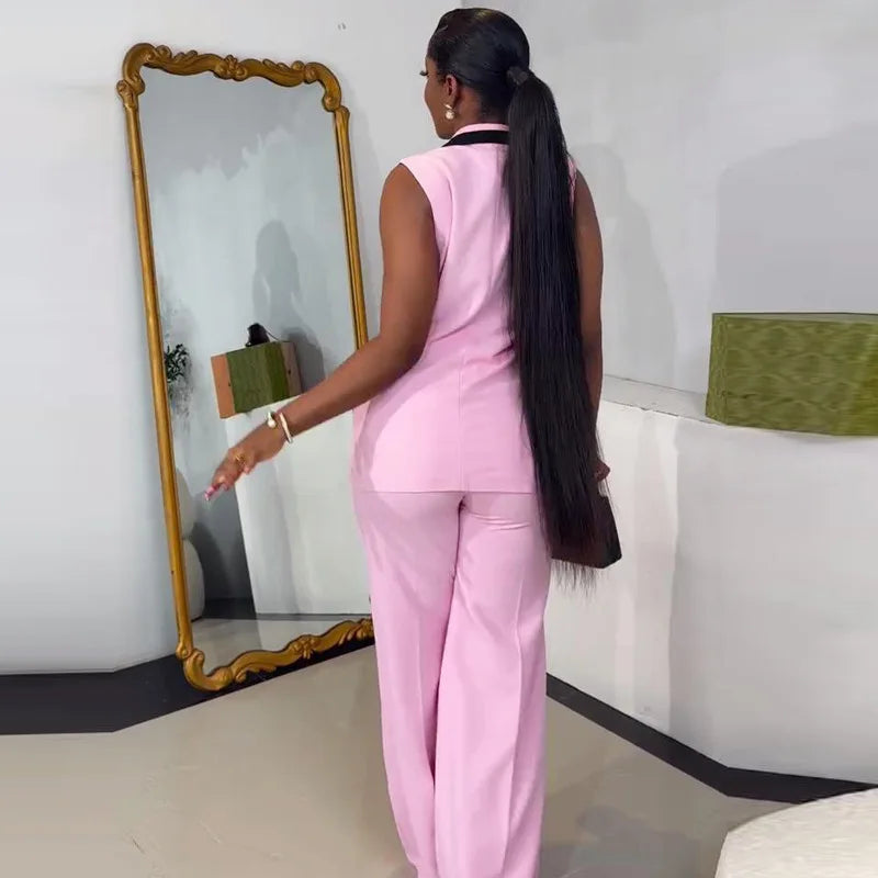 UNIKCOSA™ Pink 2-Piece Pant Set – Elegant Double-Breasted Vest Top & High-Waist Wide-Leg Pants | Women’s Y2K Work & Streetwear Outfit