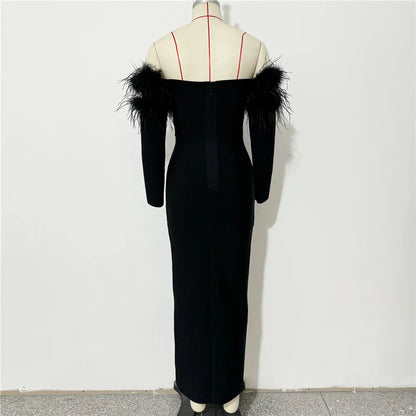 UNIKCOSA’s Feather Crystal Off-Shoulder Gown — Long Sleeve Bodycon Bandage Evening Elegance