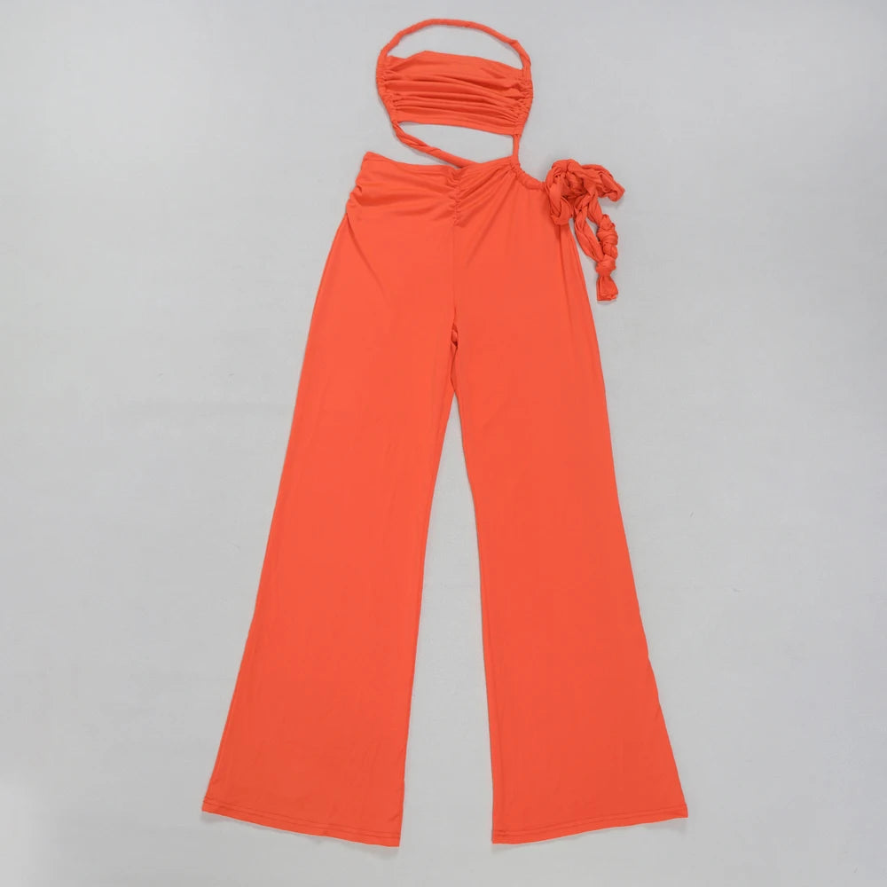 UNIKCOSA’s 2025 Ruched Patchwork Jumpsuit — Halter Sleeveless Wide-Leg Romper