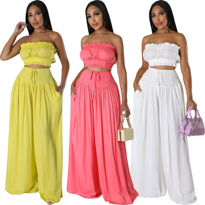 UNIKCOSA’s Y2K Strapless Pant Set — Crop Tube Top + High-Waist Wide-Leg Pants