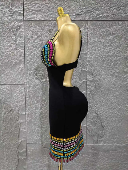UNIKCOSA’s Crystal V-Neck Mini Dress — Black Bodycon Bandage with Colorful Sparkle