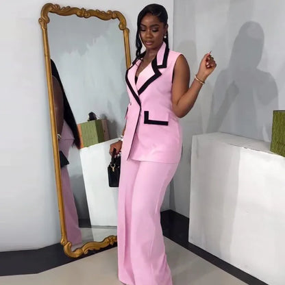 UNIKCOSA™ Pink 2-Piece Pant Set – Elegant Double-Breasted Vest Top & High-Waist Wide-Leg Pants | Women’s Y2K Work & Streetwear Outfit