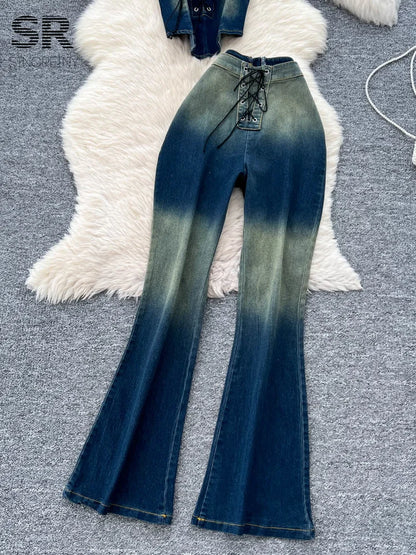 UNIKCOSA’s Retro Denim 2-Piece Set — Halter Crop Top + Lace-Up Skinny Jeans