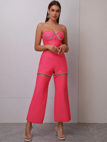 UNIKCOSA’s 2025 Pink Beaded Bandage Set — Strapless Backless Crop Top + Cut-Out Pants