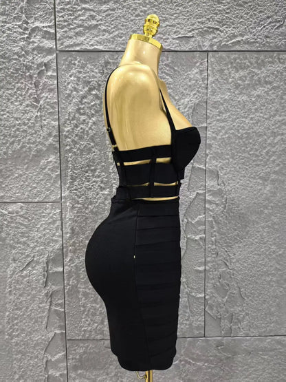 UNIKCOSA’s Black Bandage 2-Piece Set — Sexy Strap Crop Top + Bodycon Mini Skirt Nightclub Outfit