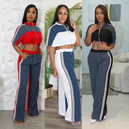 UNIKCOSA’s Patchwork Denim 2-Piece Set — Sexy Crop Top + Matching Jeans Trousers