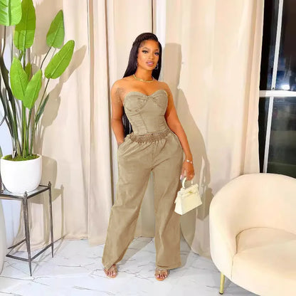 UNIKCOSA’s Denim Ruffle 2-Piece Set — Elegant Crop Top + Wide-Leg Jeans