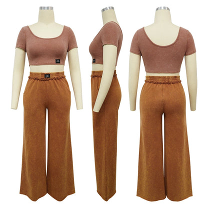 UNIKCOSA’s Distressed Tracksuit Set — U-Neck Crop Top + Wide-Leg Pants Elegance