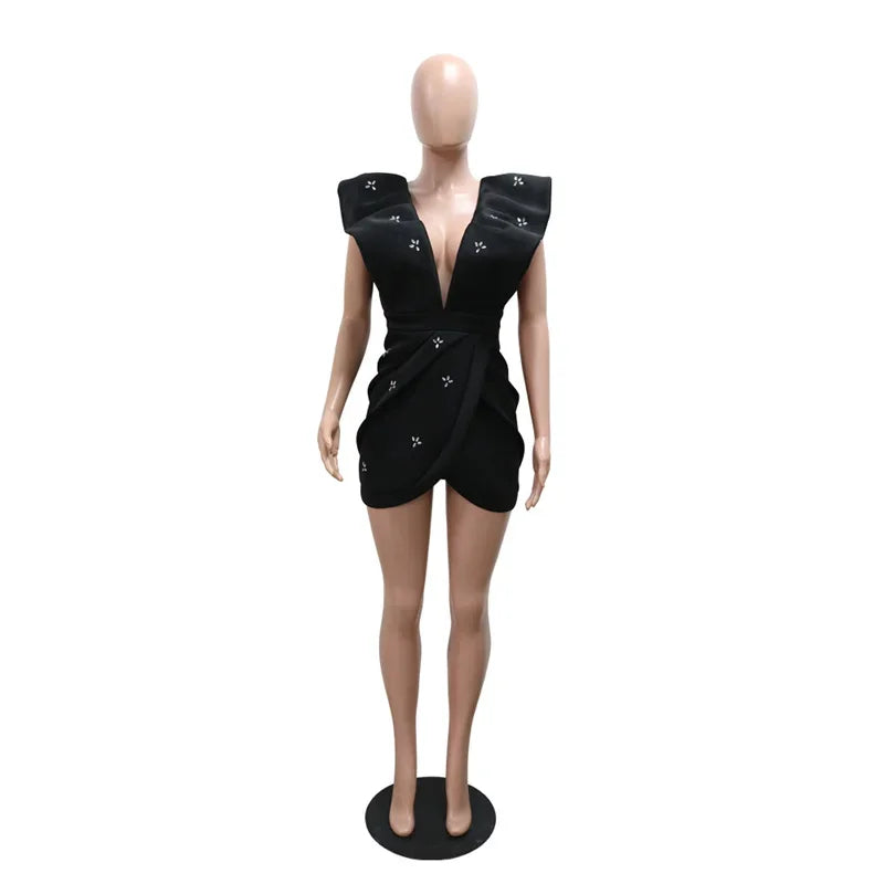 UNIKCOSA’s Rhinestone Ruched Mini Dress — Deep V Backless Party Glam with Flying Sleeves