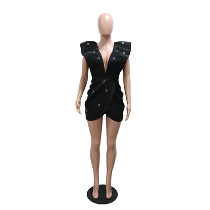 UNIKCOSA’s Rhinestone Ruched Mini Dress — Deep V Backless Party Glam with Flying Sleeves