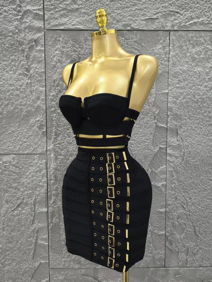 UNIKCOSA’s Black Bandage 2-Piece Set — Sexy Strap Crop Top + Bodycon Mini Skirt Nightclub Outfit