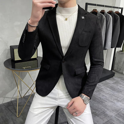 UNIKCOSA Men’s Suede Blazer – Slim Fit One-Button Plain Color Suit Jacket (6 Colors)