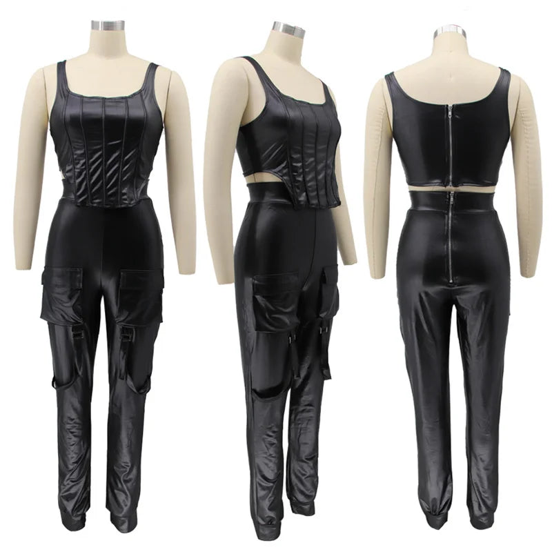 UNIKCOSA™ Luxe PU Faux Leather 2-Piece Set – Sexy Crop Top & Cargo Pants with Pockets | Women’s Clubwear Matching Outfit