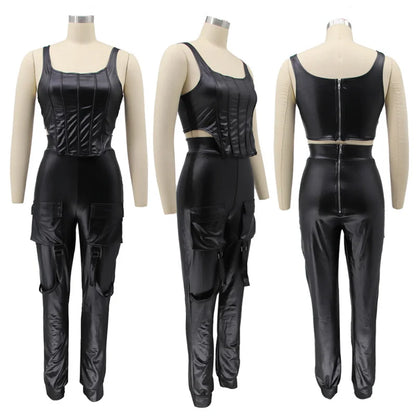 UNIKCOSA™ Luxe PU Faux Leather 2-Piece Set – Sexy Crop Top & Cargo Pants with Pockets | Women’s Clubwear Matching Outfit