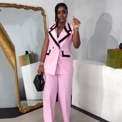 UNIKCOSA™ Pink 2-Piece Pant Set – Elegant Double-Breasted Vest Top & High-Waist Wide-Leg Pants | Women’s Y2K Work & Streetwear Outfit