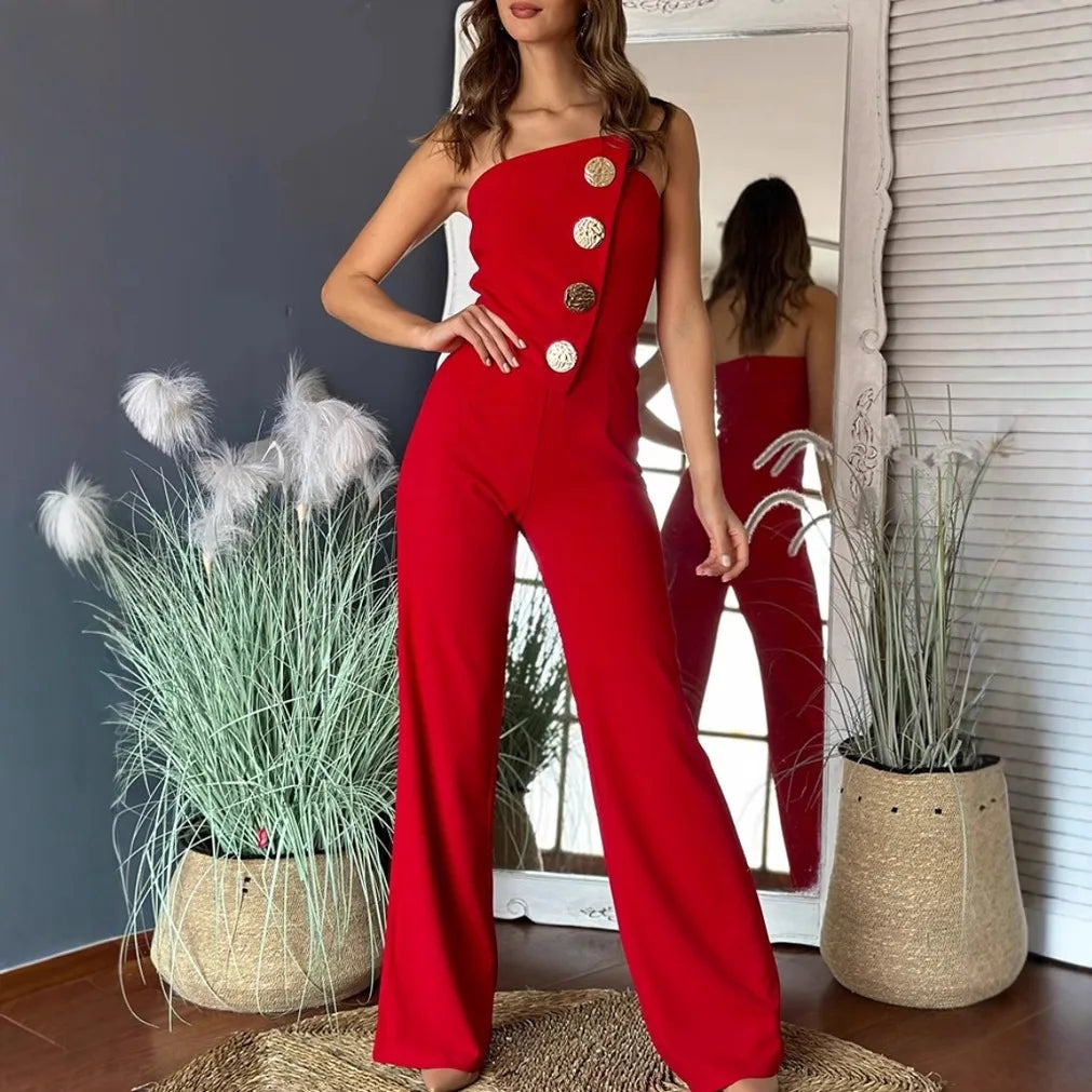 UNIKCOSA™ 2025 Summer Elegant Strapless Jumpsuit – Sexy Button-Decor Wide-Leg One-Piece | Women’s Sleeveless Streetwear Outfit