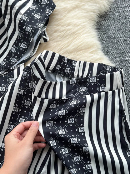 UNIKCOSA’s High Street Stripe 2-Piece Set — Irregular Lace-Up Top + Long Pants