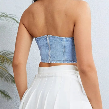 UNIKCOSA™ 2025 Summer Denim Tank Top – Sexy Solid Bandeau Crop Vest with Back Zipper | Women’s Sleeveless Hot Girl Casual Outfit