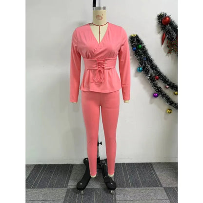 UNIKCOSA™ 2025 Fall Elegant 2-Piece Pant Set – V-Neck Slim-Fit Top & High-Waist Long Pants | Women’s Solid Casual Work Suit