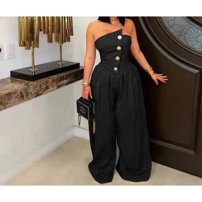 UNIKCOSA™ 2025 Summer Strapless Jumpsuit – Sexy High-Waist Button-Up Wide-Leg One-Piece | Women’s Sleeveless Fashion Outfit