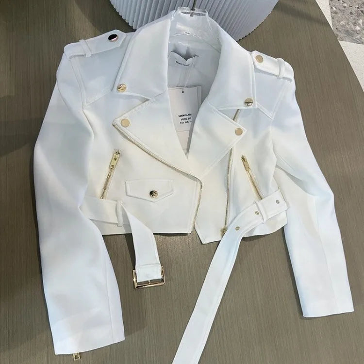 UNIKCOSA’s 2025 White Moto Jacket — Notched Collar Slim-Fit Y2K Coat