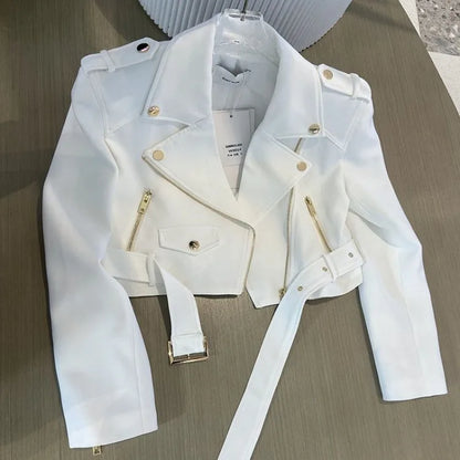 UNIKCOSA’s 2025 White Moto Jacket — Notched Collar Slim-Fit Y2K Coat