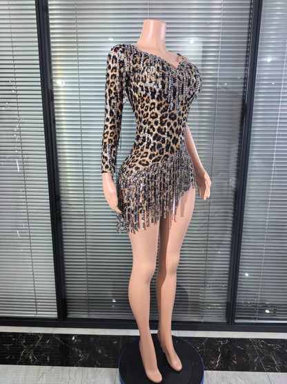 UNIKCOSA’s Leopard Crystal One-Shoulder Mini Dress — Rhinestone Bodycon Party Glam