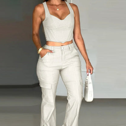UNIKCOSA™ 2025 Summer/Fall Elegant 2-Piece Set – V-Neck Buttoned Vest Top & High-Waist Wide-Leg Pants with Pocket Design | Women’s Matching Suit