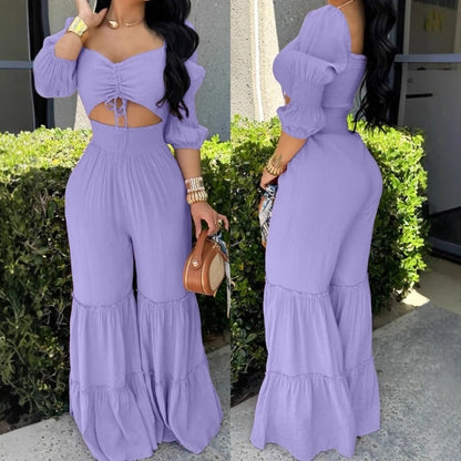 UNIKCOSA’s Elegant High-Waist Jumpsuit — Square Neck, Long Sleeve, Drawstring Shirred One-Piece
