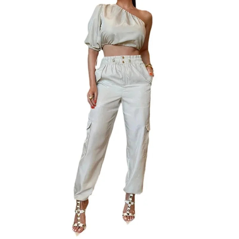 UNIKCOSA™ One-Shoulder Cargo 2-Piece Set – Puff Sleeve Crop Top & High-Waist Cargo Pants | Slim Fit Women’s Matching Outfit